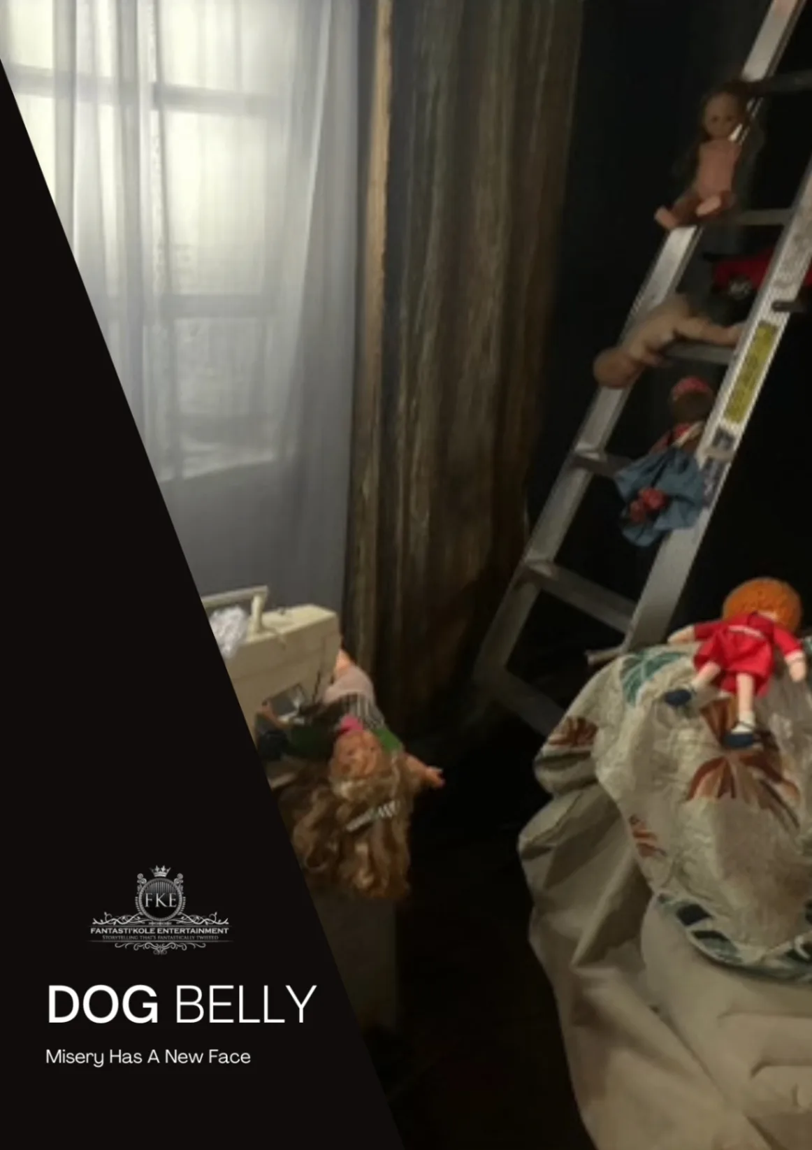DogBelly film still showing dolls on a ladder in a dark interior