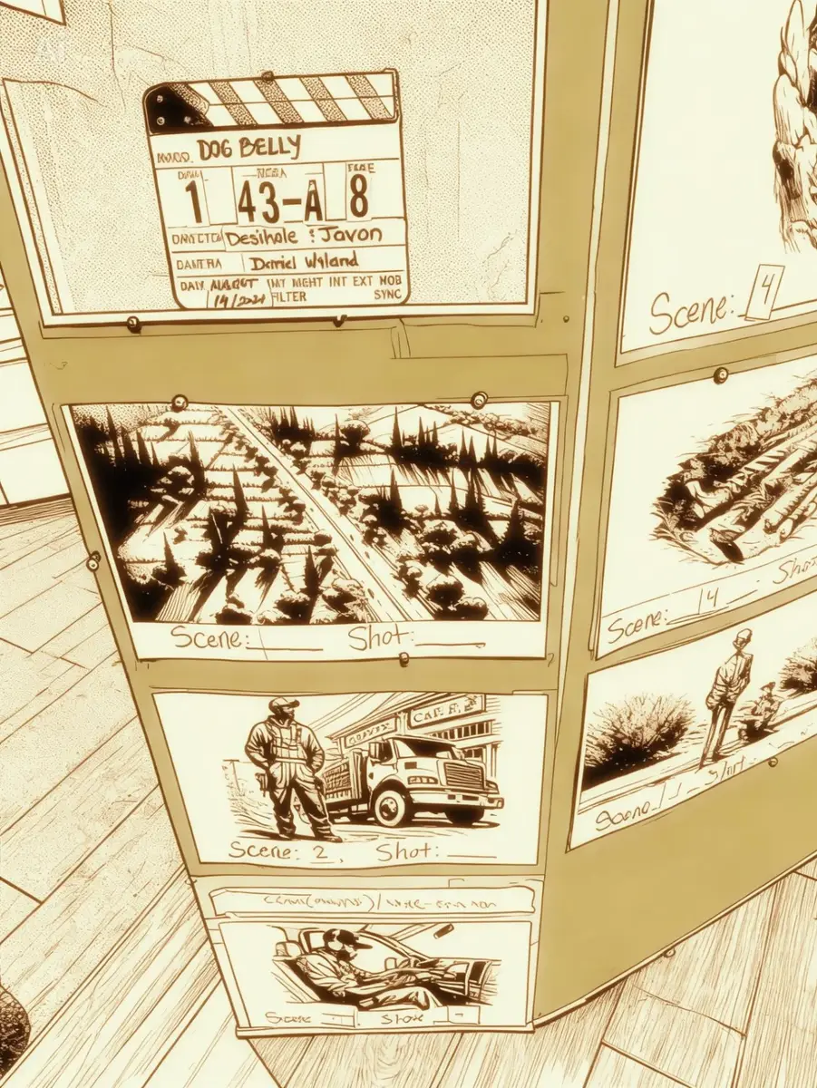 DogBelly storyboard board with hand-drawn shot panels