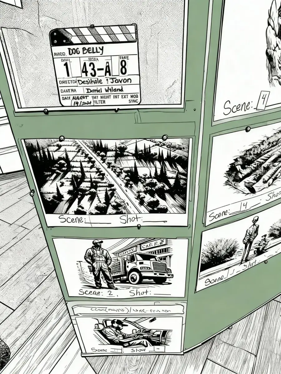 DogBelly storyboard board with hand-drawn scene panels