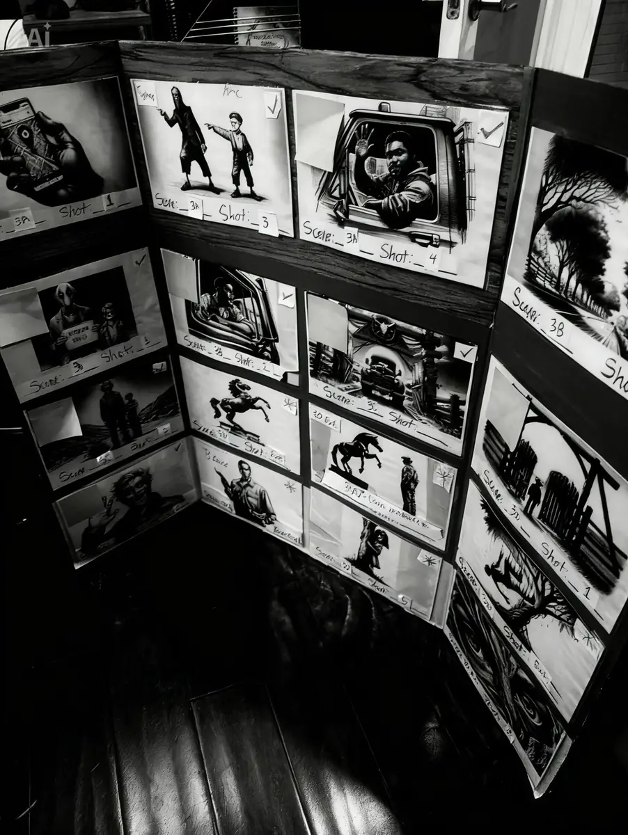DogBelly shot-list board with hand-drawn storyboard panels